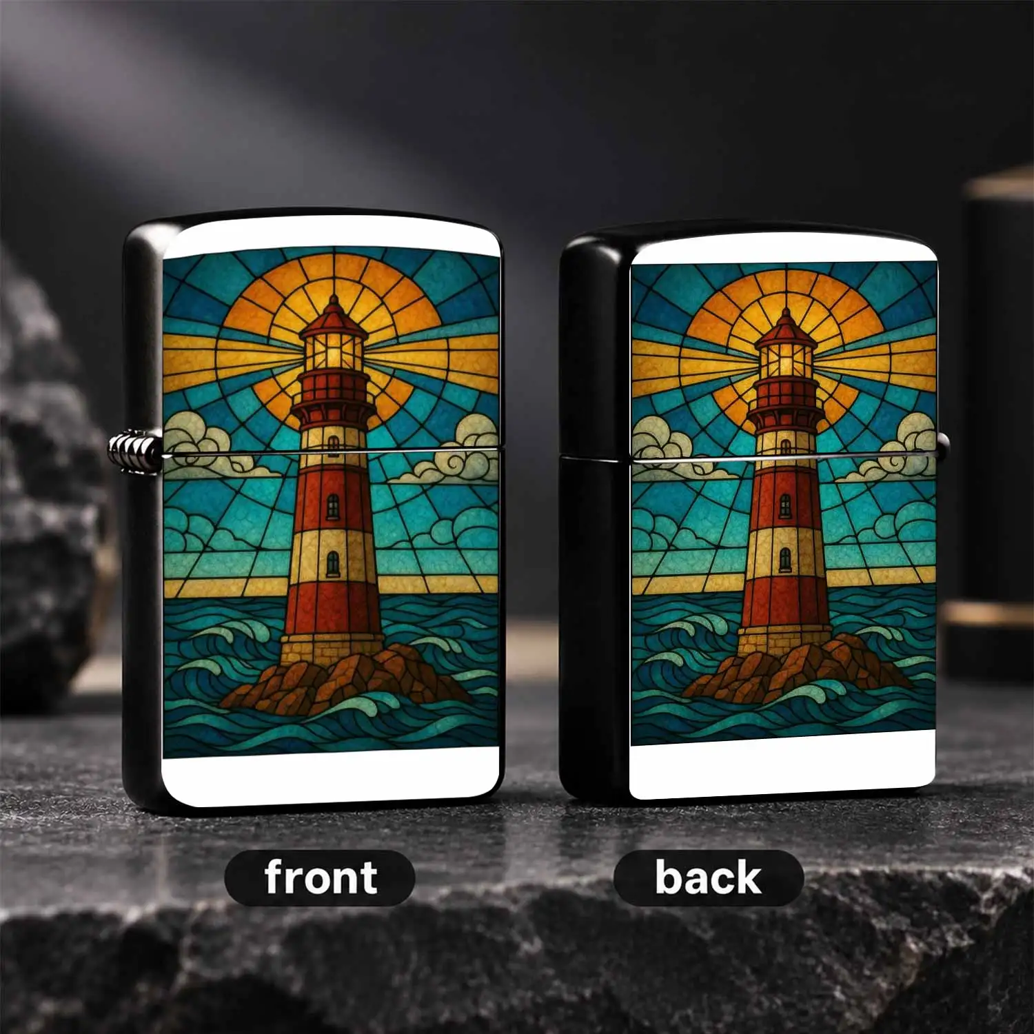 Vintage Stained Glass Lighthouse Design  Windproof Durable Sturdy Body Hand Drawn Art Nautical Themed Decor Ideal For Daily Use Outdoor Camping Gifting Collecting Unique Printed  Accessory A Fun And Humorous Lighter