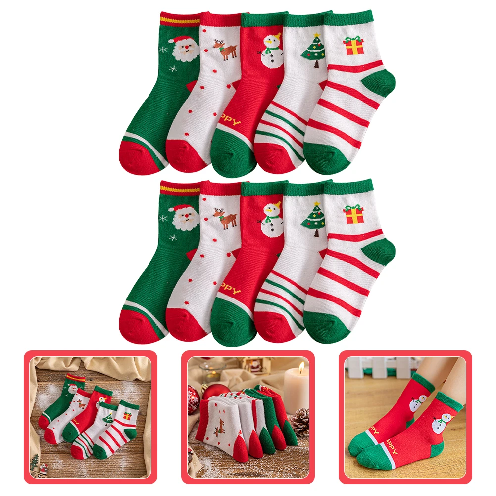 

5pcs Christmas For Girls Kids Cute Patterned Short Cotton Holiday Spring Autumn Warm Comfortable Trendy Ankle Bulk Low Cut