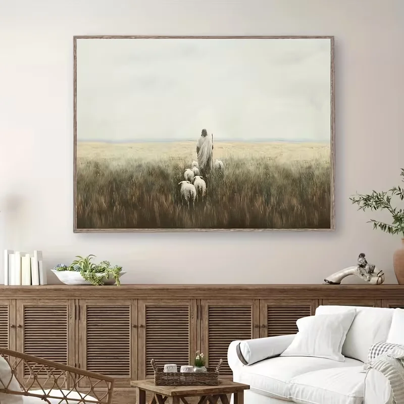 1pc Unframed Jesus Shepherd and Sheep Canvas Print - Rustic Christian Wall Art, Vintage Minimalist Horizontal Painting for Livin