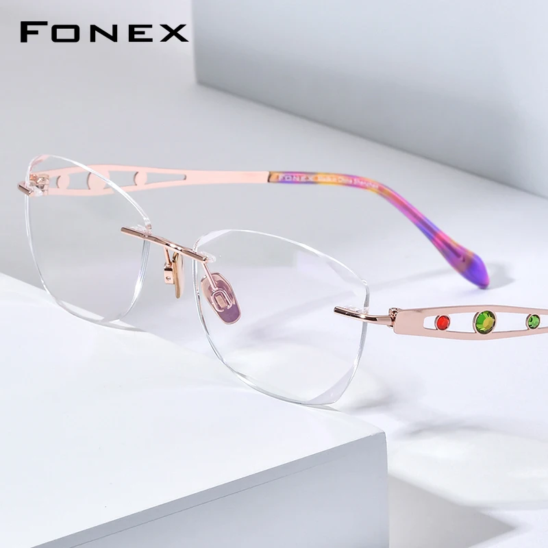 FONEX Pure Titanium Rimless Eyeglasses Women Luxury Brands Designer Elegant Diamond Ultralight Frameless Glasses Eyewear 6119