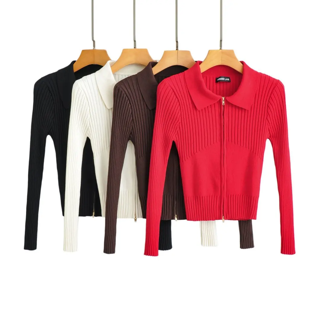 レディース スリムフィット ニット カーディガン ダブルジッパー ラペル ショート セーター ジャケット 無地 タイトウエスト 春 ホットスタイル