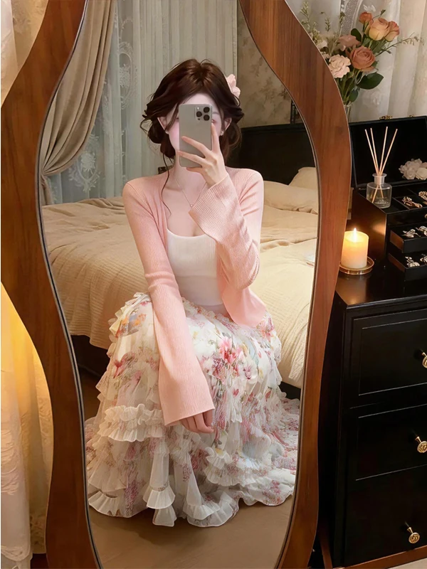 Floral Print Layered Tulle Skirt Women's Half-length Cake Skirt High Waist Breathable Polyester Spring Summer New Style
