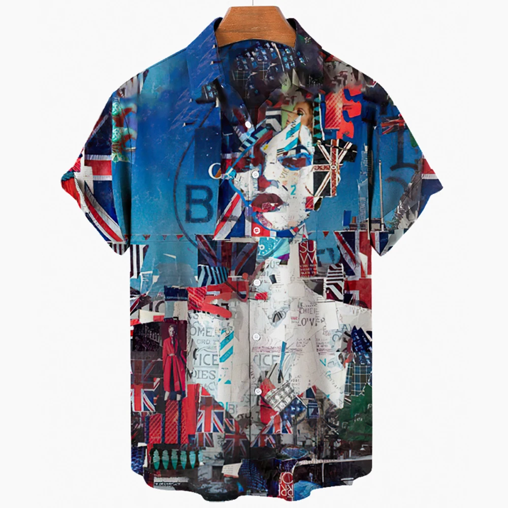 2024 Men's Hawaiian Shirt Retro Abstract Character Graffiti Print Shirt Hip Hop Oversized Lapel Shirt For Men