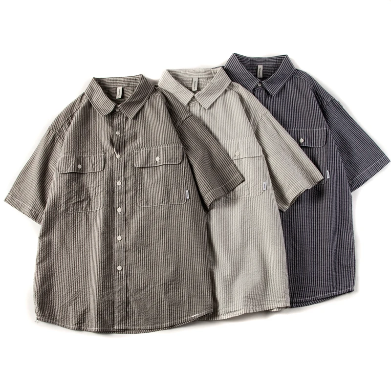 

Japanese Retro INS Bubble Shirt Cotton Loose Fit Men's Short Sleeve Striped Casual Workwear Summer Fashion Youth Trend