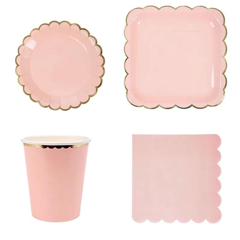 Pink Party Tableware Set Sage Green Gold Blue Scalloped Paper Plate Cups Napkins Mixed Colors Baby Shower Wedding Decoration