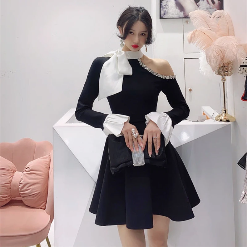 Hikigawa Autumn Elegant Lady Contrast Color Women Party Dress Sexy Off Shoulder Dresses Chic Fashion Slim Vestido De Mujer