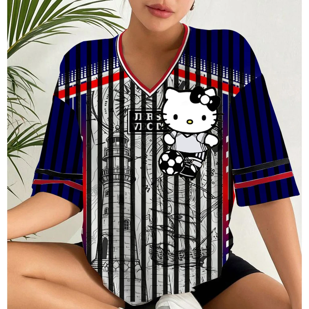 

Summer Women T-shirts Number 89 Short SleeveHello Kitty print V-neck Sport Tees Streetwear Oversized Casual Fashion Female Top