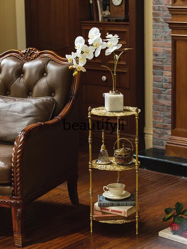 

ls 27Retro brass carved shelf side table medieval flower rack three-layer hollow storage rack