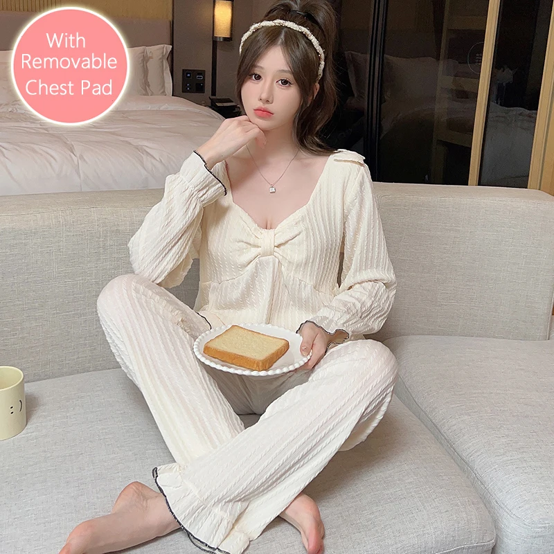 Spring and Autumn Women's Pure Cotton Square Neck Pullover Pajamas Solid Color Sweet Loose Large Size Pajamas Set Home Clothes