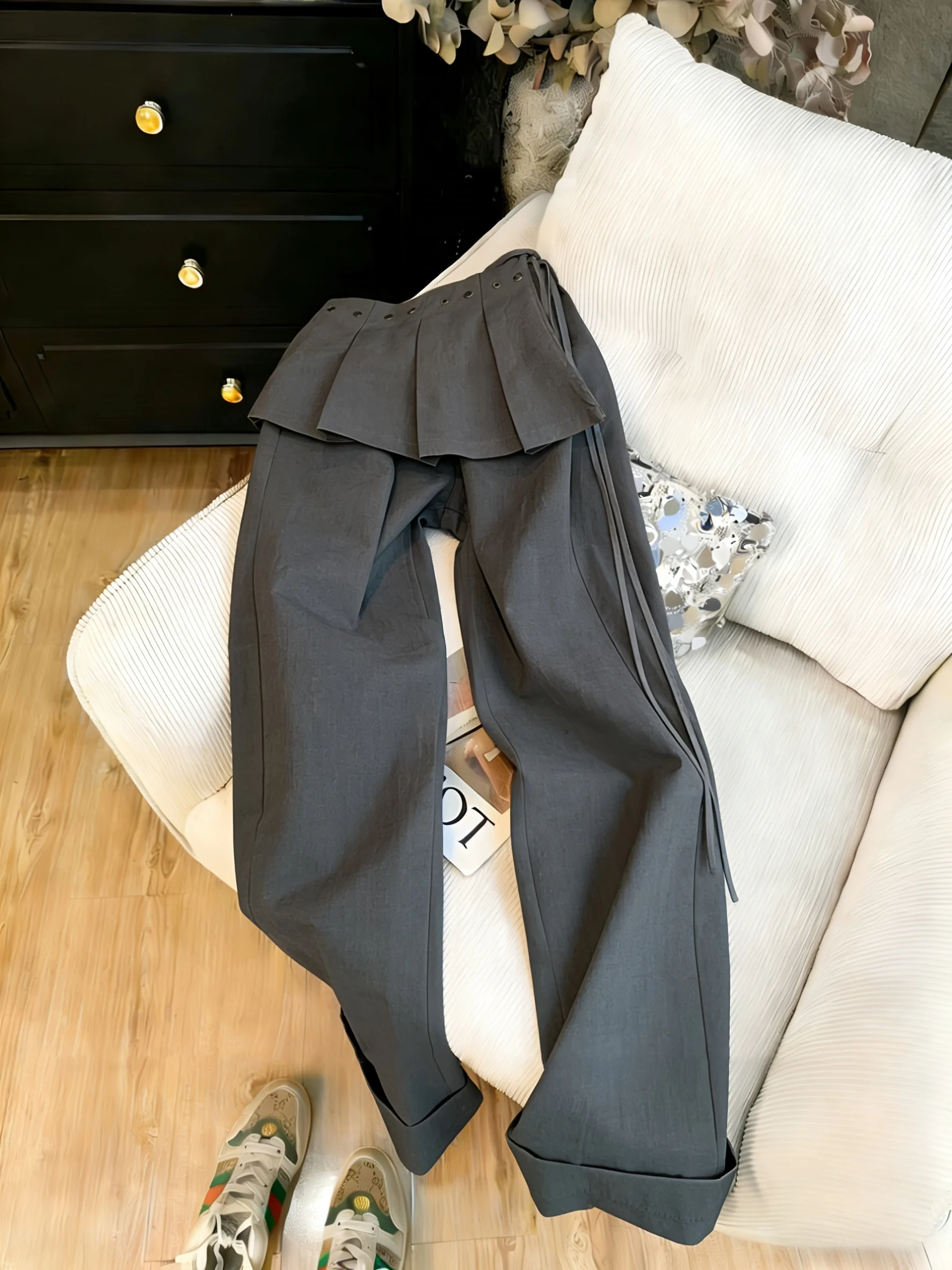 

Casual Straight Leg Pants Men Women Summer High Waist Slimming Wide Leg Floor Length Trousers Patchwork Loose Fit Elastic Waist