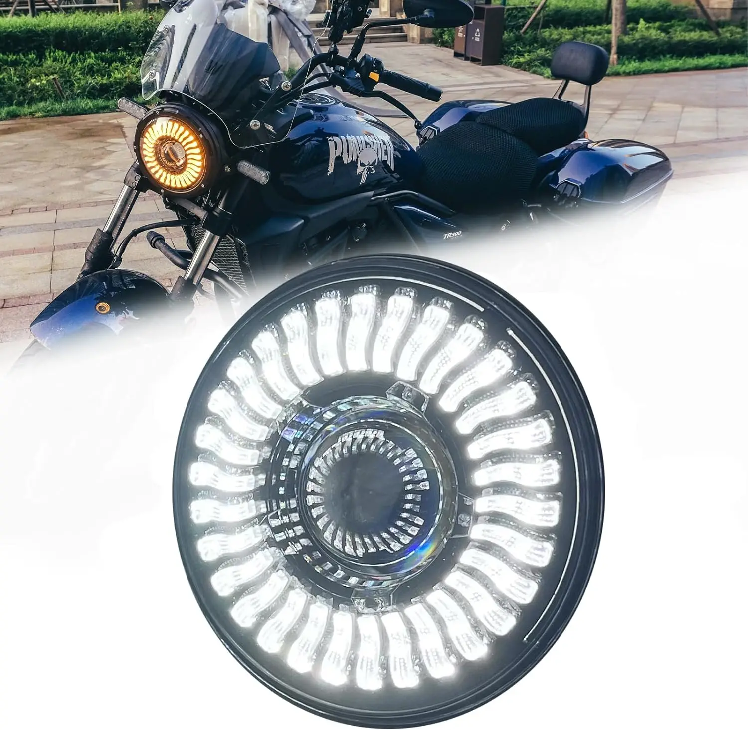 

7-дюймовая мотоциклетная фара с цветочным белым/янтарным ДХО, 1 шт.