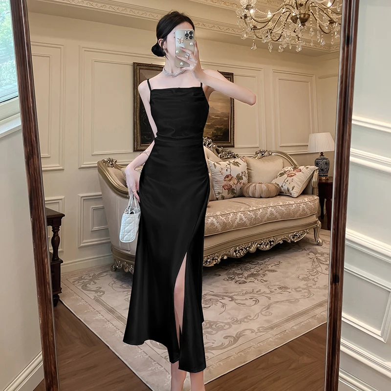 Women Sleeveless Yellow Camisole Dress Spring Summer Silk Satin Long Dress Slim Slit Sexy Party Dresses