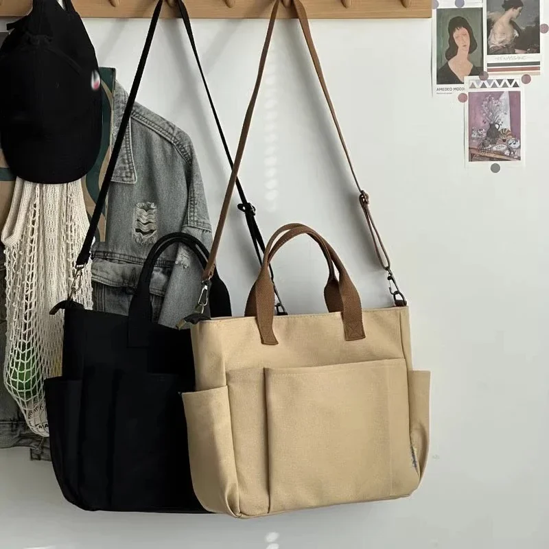 Urban Minimalist Female Student Large Capacity Commuting Horizontal Canvas Single Shoulder Diagonal Cross Portable Tote Bag
