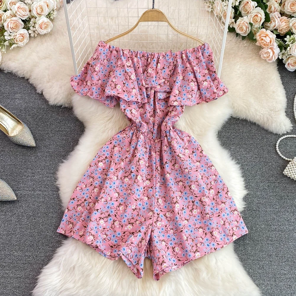 

Summer Floral Print One-oulder Crop Top High Waist Wide Leg ort Pants Women's Rer Beach Vaion Casual Straight Cut