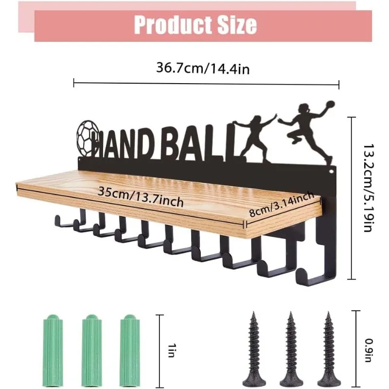 1 Set Handball Medal Holder Trophy and Medal Hanger Wooden Shelf Medal Display with 10 Hooks Sports Award Display Shelf