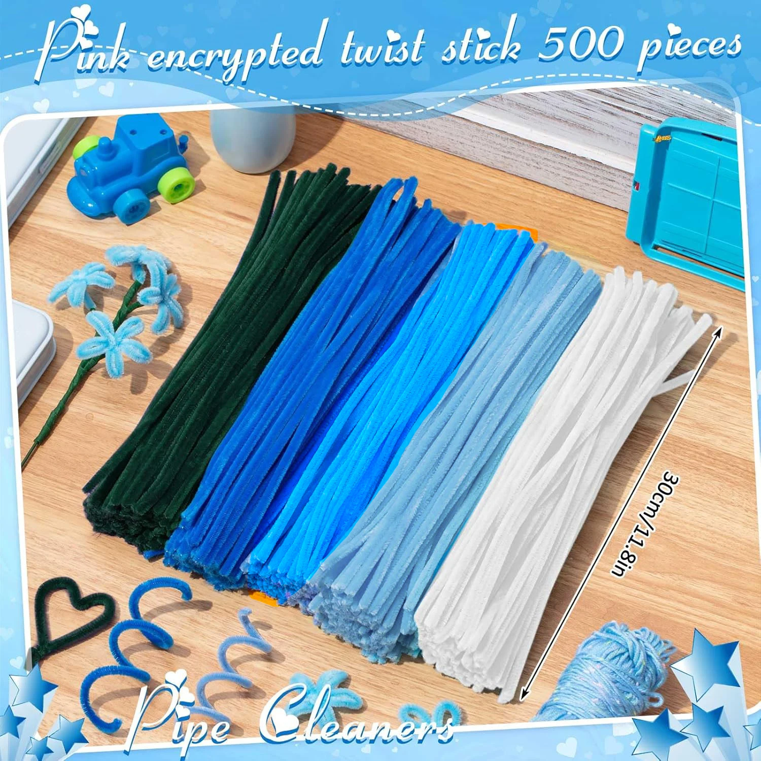 500 Pieces Pipe Cleaners Chenille Stems 5 Assorted Blue Colors Craft Supplies Bulk for DIY Art and Craft Projects