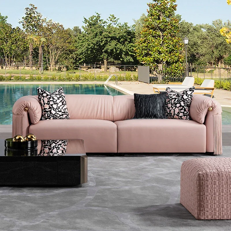 Italian postmodern leather sofa pink fringed sofa villa large apartment living room sofa combination