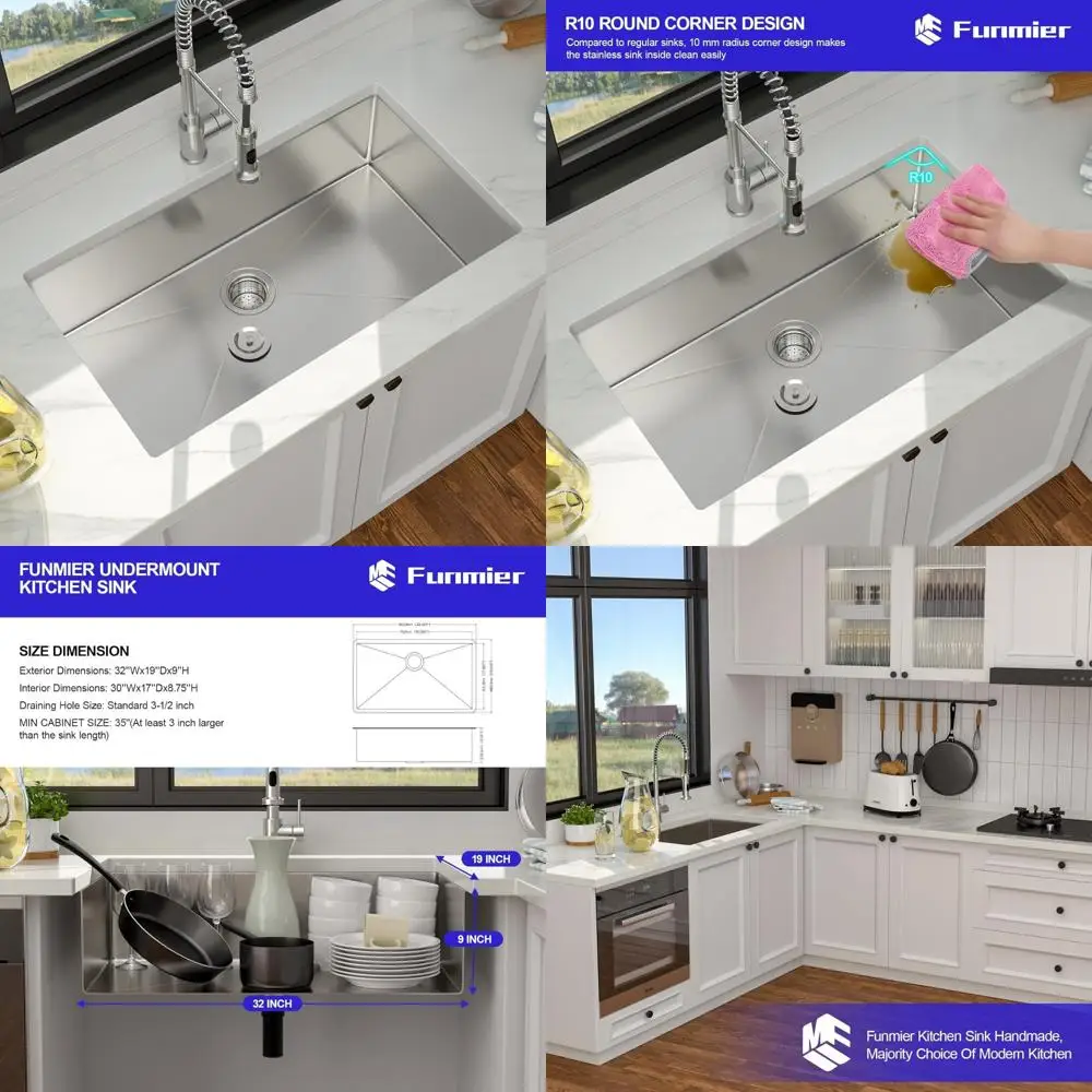 حوض مطبخ سفلي من الفولاذ المقاوم للصدأ مقاس 32 × 19 - حوض مصنوع يدويًا بقياس 16 مع تصريف خارج المركز للمطبخ الحديث #1