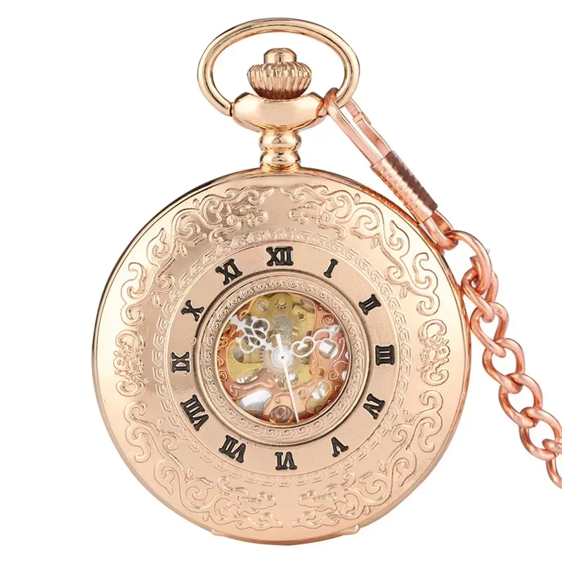 Rose Gold Roman Numbers Skeleton Mechanical Hand-Wind Pocket Watch with Pendant Chain Men Women Gift Rose Gold Clock Reloj