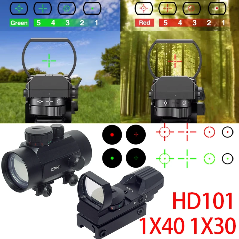 

1X40 HD101 Red Dot Sight Охотничья коллекция Оптика Рефлекторный голографический прицел 4 сетки Красный/Зеленый Коллиматор Страйкбольное увеличительное устройство