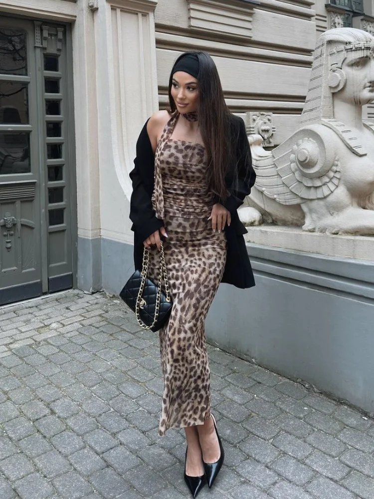 Chic Leopard Print Top Long Skirt Suits Women Sleeveless Halter Fold Tops Hip Package Bodycon Skirts 2024 Summer New 2 Pcs Sets