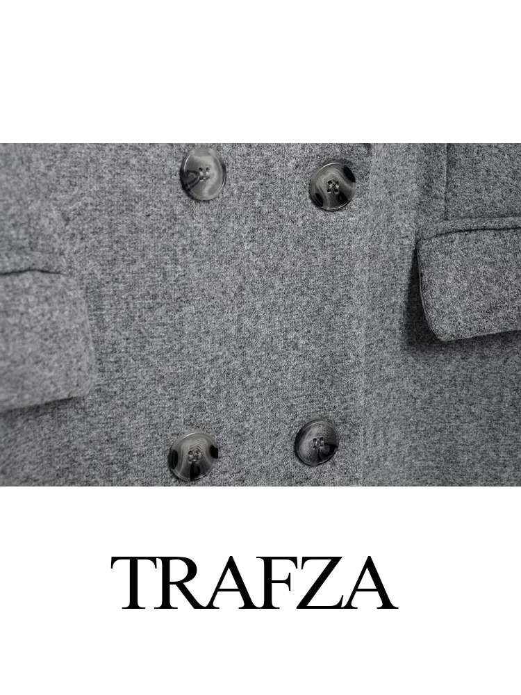 Trafza-女性用ダブルブレストコート、カジュアルコート、折り返し襟、長袖、ポケット装飾、女性のトレンディ、グレー、冬、2022