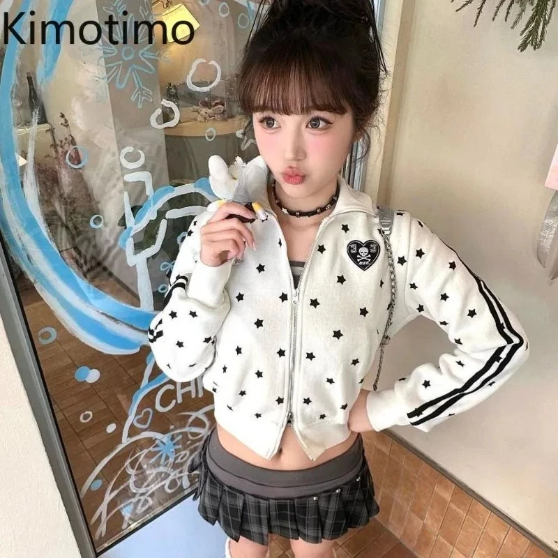 

Kimotimo, американский ретро-свитшот со звездами, женское весеннее пальто с вышивкой и длинными рукавами на молнии, милый повседневный тонкий укороченный топ Y2k