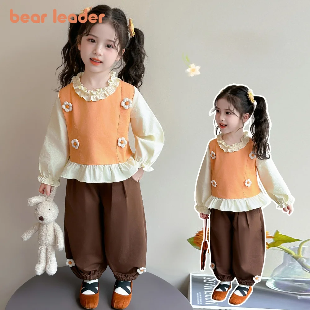 Bear Leader Korean Version Lace Collar 3D Flower Color Blocked Long Sleeved Girls' Clothes Autumn New Kids Fashion Two-piece Set