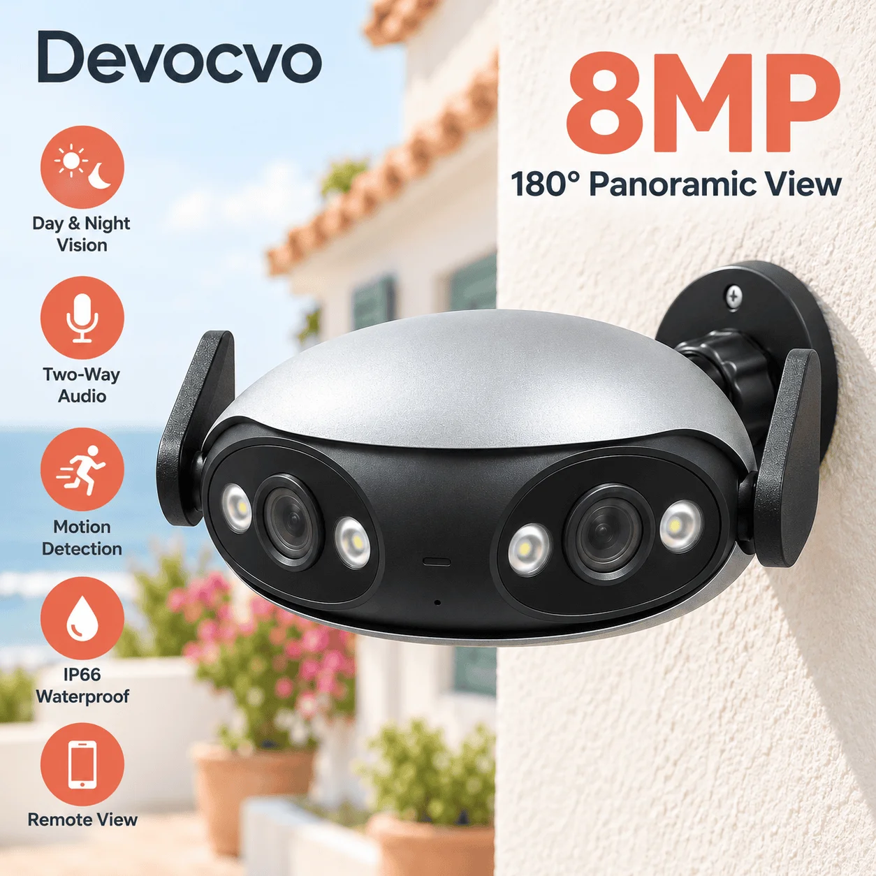 8MP 4K Wifi Dual Lens IP Camera Outdoor Panoramic 180 Degree Wide View Wireless Security Surveillance Two Way Audio Night Vision Waterproof CCTV Cam Remote P2P for Home Office