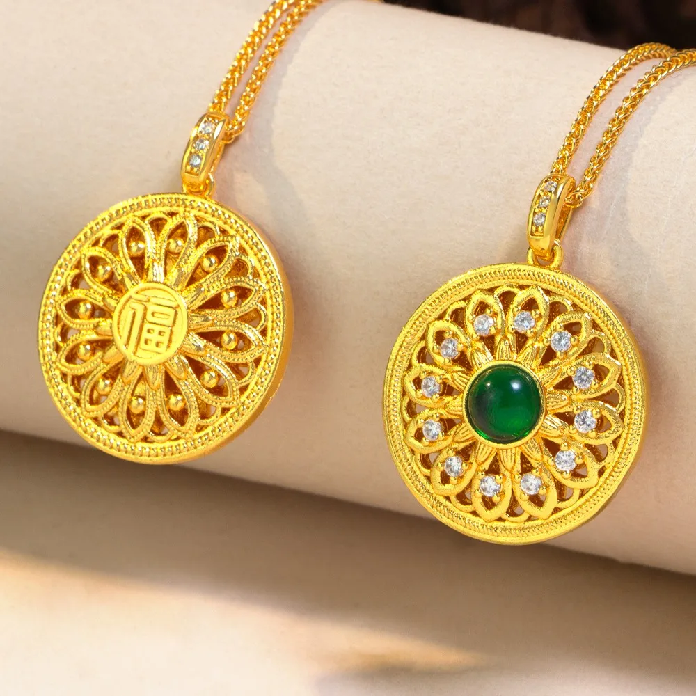 Hollow-out point diamond greenstone sunflower pendant women retro style delicate 9999gold