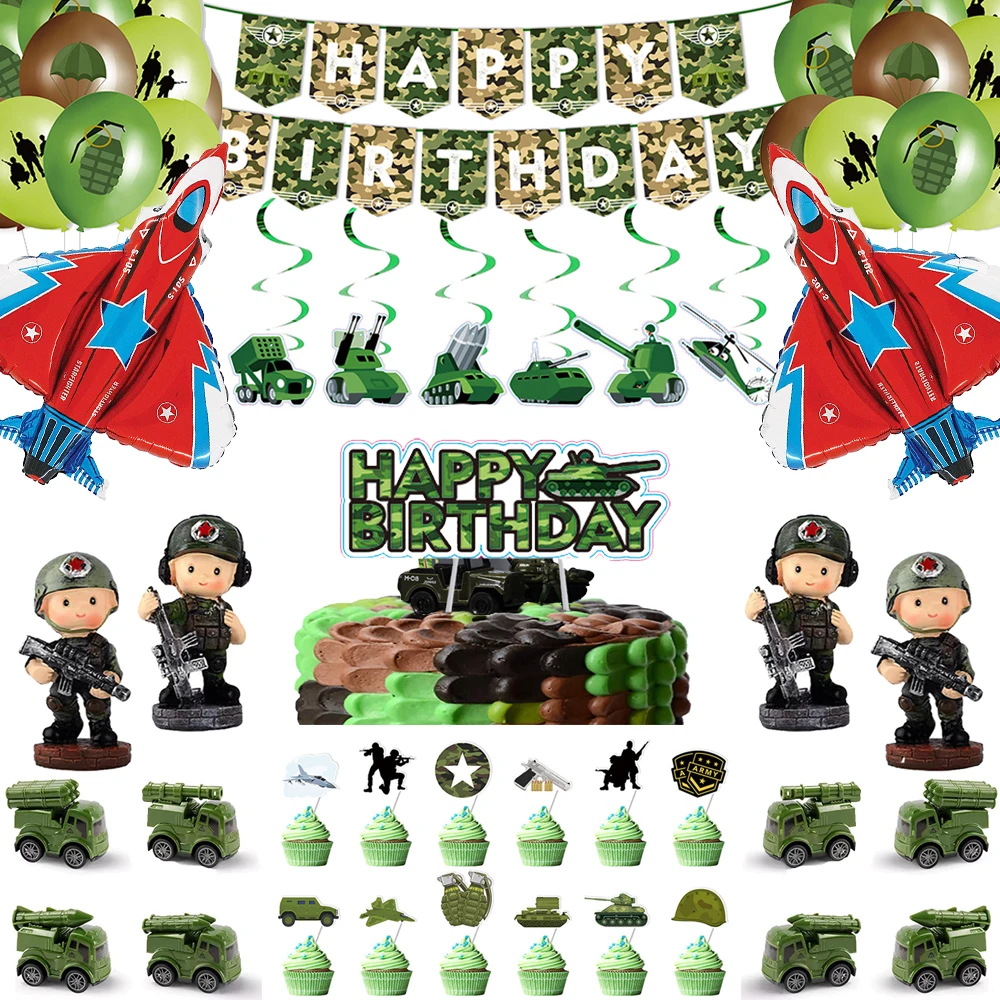 Camouflage Birthday Cake Topper Happy Birthday Sign Camo Army Cake Decors Foil Tank Plane Balloon for Boys Military Party Decors