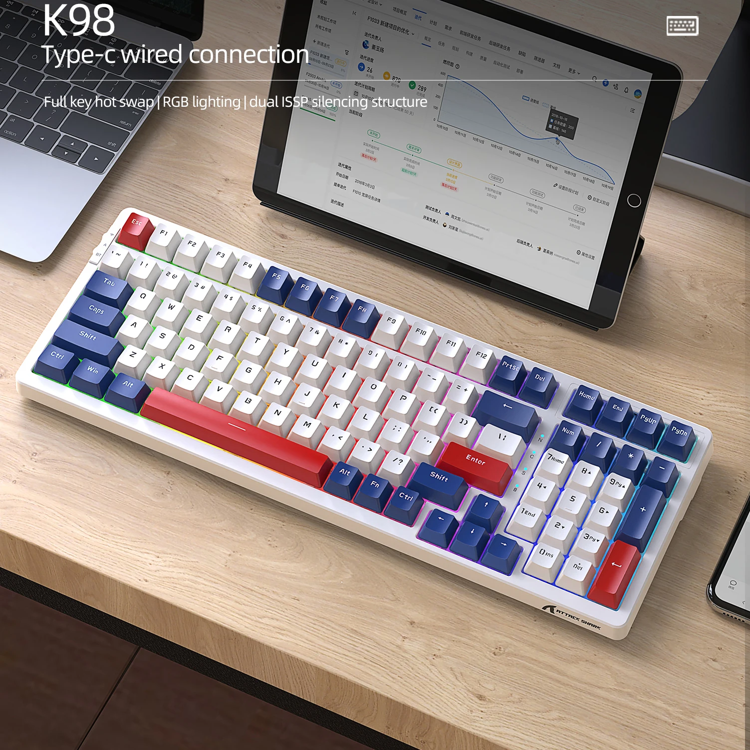 Teclado mecânico com fio Attack Shark, conexão tipo C, interruptor vermelho amarelo personalizado com efeito RGB para laptop, Mac, Android ﻿
