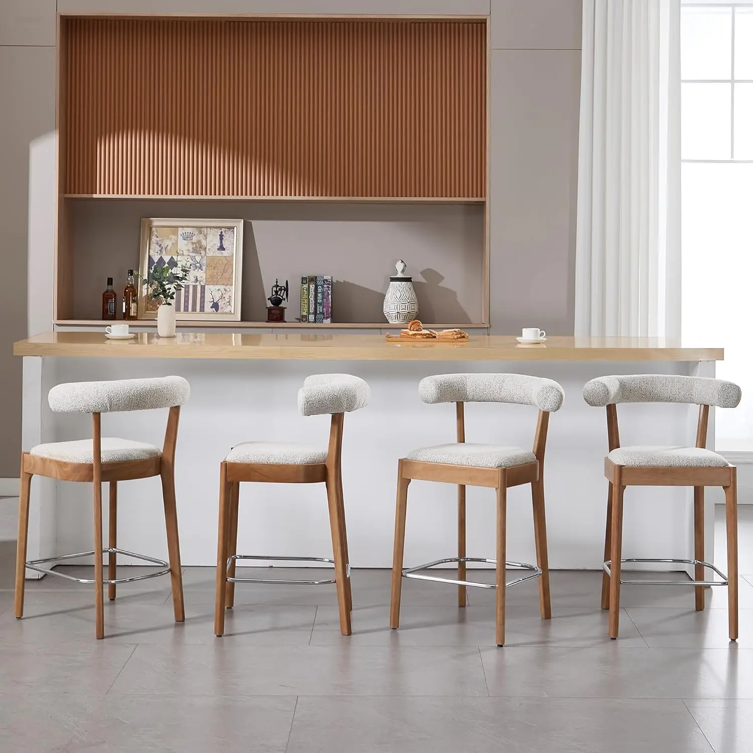 Counter Height Bar Stools Set Of 6 For Kitchen Island, 27"" Wooden Frame Stool Chair For Dining Space, Comfy Chenille Open Back