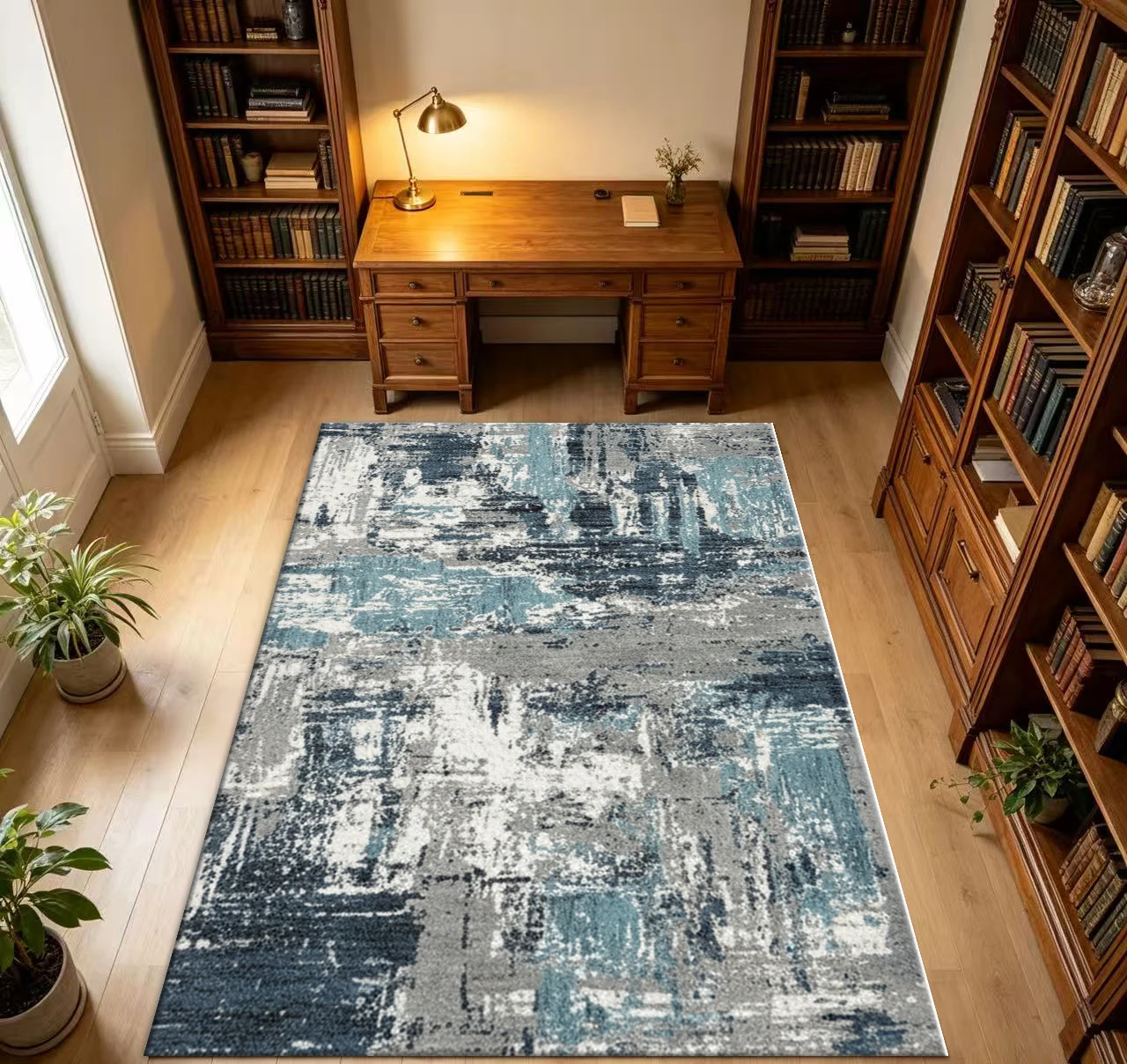 Modern Abstract Brush Stroke Carpet Flooring, Blue Gray White Art Style Indoor Area Rug for Home