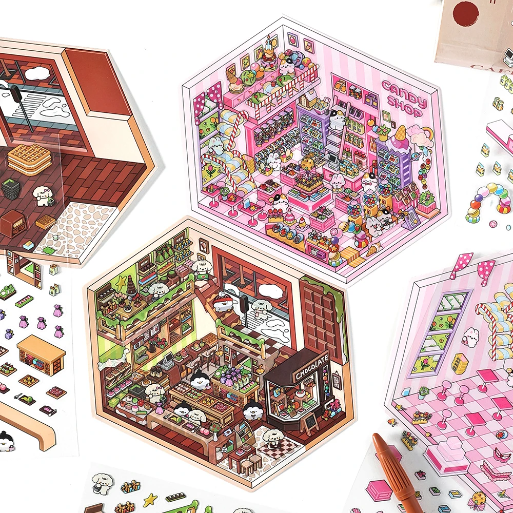 Kawaii  3D Candy House DIY Landscape Sticker Pocket Cabin Scene Stacking Pasting Festival Birthday Gift for Kid Child ﻿