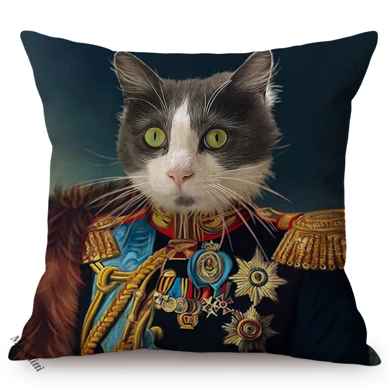 Cat Style General Portrait Funky Home Decor Sofa Pillow Case Animal Imitate Famous Oil Painting Art Cotton Linen Cushion Cover