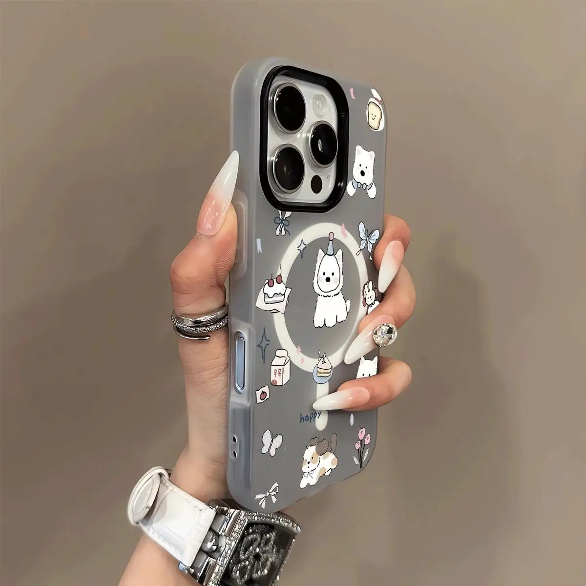 Happy Puppy Cake mariposa moda colorida para funda de teléfono magnética para iPhone 16 15 14 13 12 11 Pro Max Plus Mini funda suave