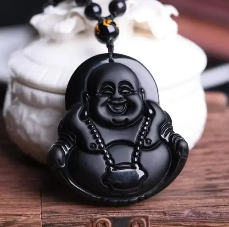 Obsidian Maitreya Buddha Pendant Beaded Chain Necklace Buddhist Buddha Statue Religion Lucky Faith Jewelry Women