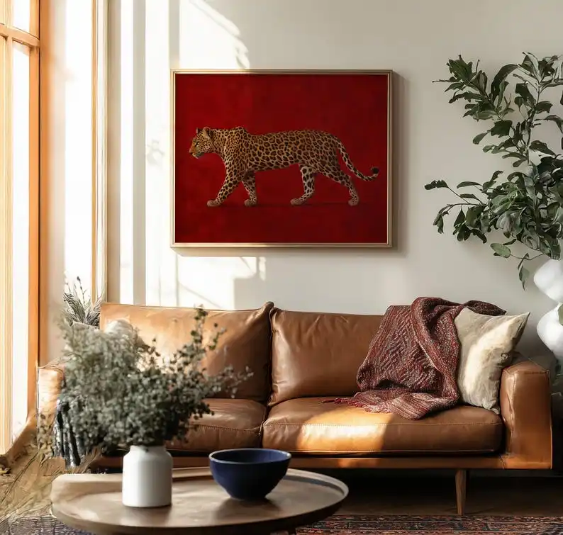Vintage Rotes Leoparden-Leinwandbild Rahmenloses Maximalistisches Old-Money-Kunstwerk für Luxuriöse Maskuline Schlafzimmerdekoration Geschenk – Detail 3