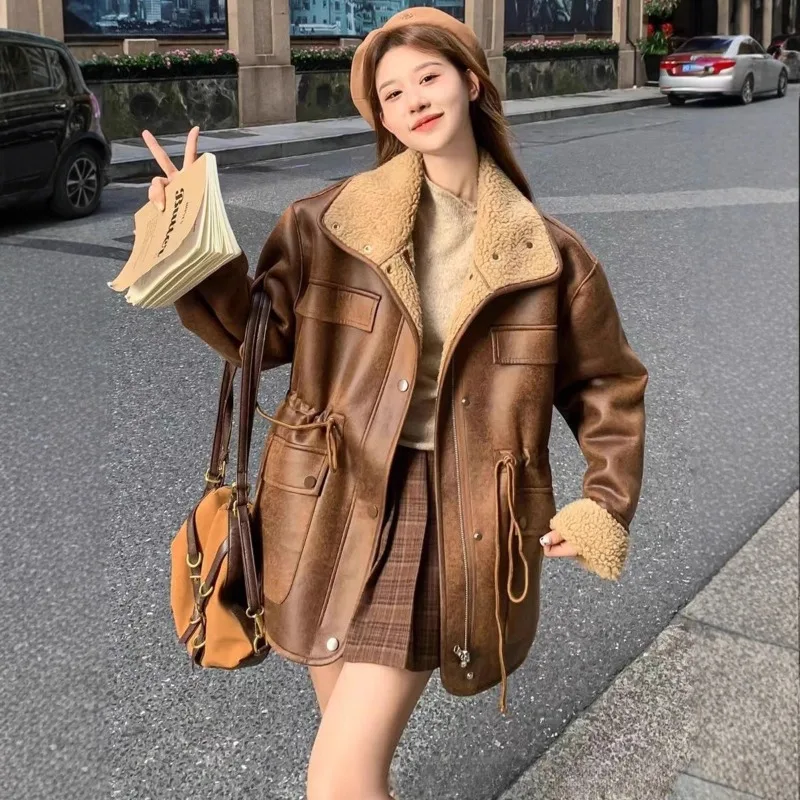 Women's Thick Warm Reversible Suede Jacket Solid Color Motorcycle Outer Coat Loose Fit Winter Autumn Female Overcoat
