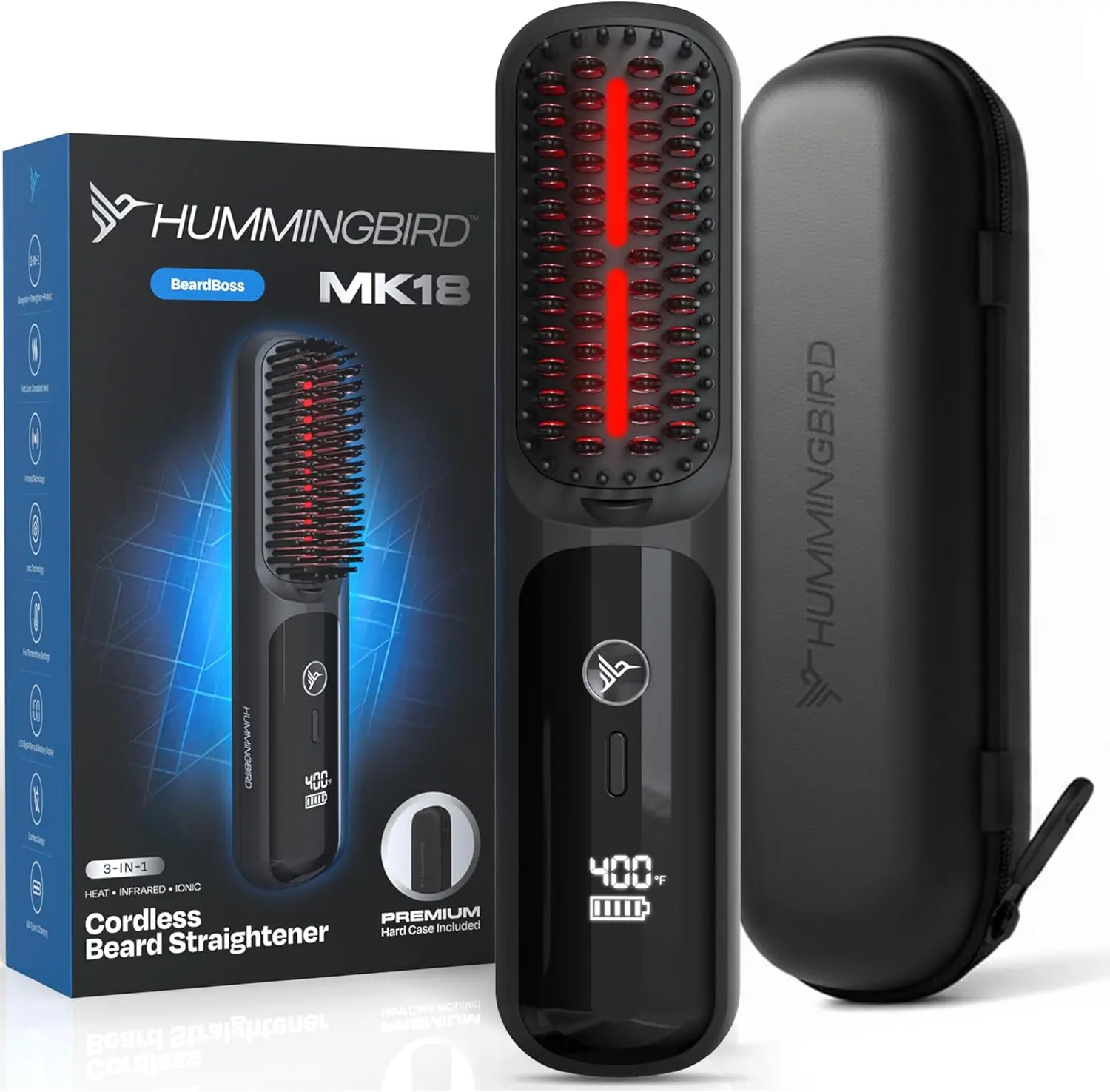 Cordless Beard Straightener for Men - 5 Temp Settings, Anti-Scald Design, PTC Ceramic Heat with Travel Case
