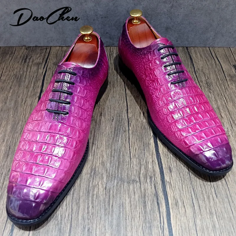 LUXURY BRAND MEN GENUINE LEATHER SHOES PURPLE CROCODILE PRINT CASUAL DRESS MAN SHOES OFFICE WEDDING OXFORD SHOES FOR MEN