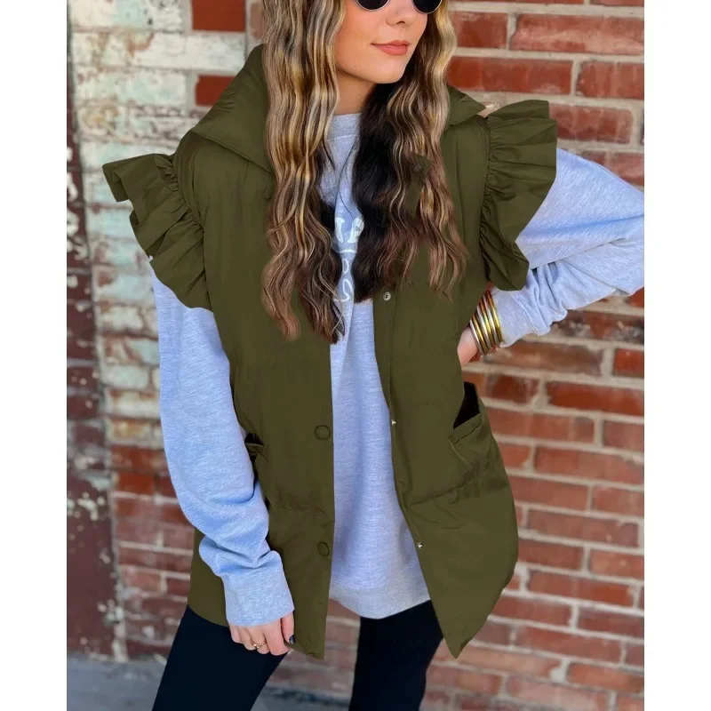 

Women Loose Pockets Cotton-Padded Coat Autumn Winter Parkas Vest Coat Women Flying Sleeves Stand Collar Single-Breasted Parkas