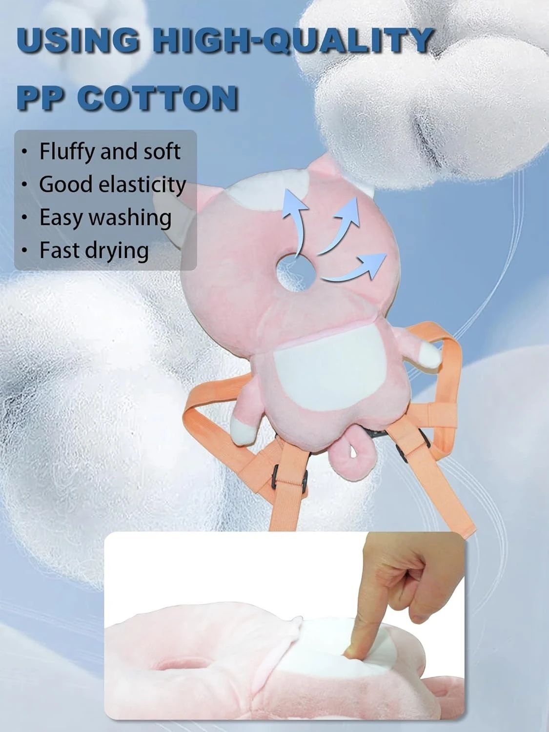 

Мягкая защита головы ребенка, плюшевый материал, регулируемые ремни, безопасное время игр