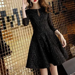 Spring Summer New Solid Color Fashion Round Neck Prom Dresses Women High Street Three Quarter Bright Silk Hollow Out Vestidos