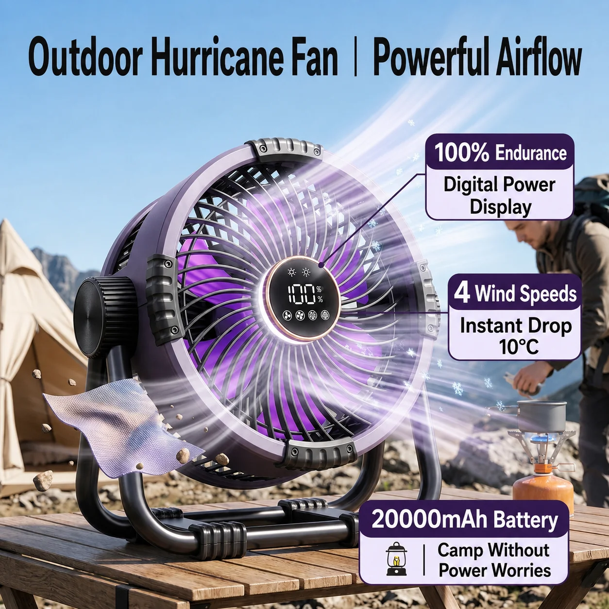 Camping Fan 20000mAh Rechargeable Outdoor Fan with LED Light 4-Speed Strong Wind Waterproof Hanging Tent Fan Remote Control BBQ