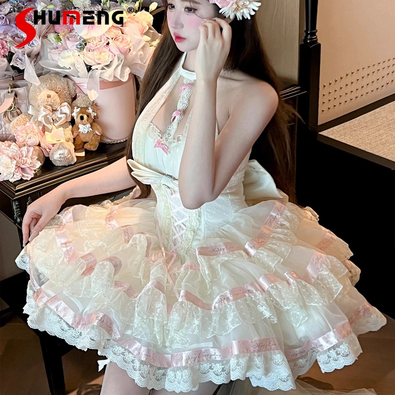 

Women's Kawaii Clothes Y2k Vestidos Princess Style Ballet Slimming Ribbon Halter Dress Japanese Lolita Sweet Sleeveless Dresses