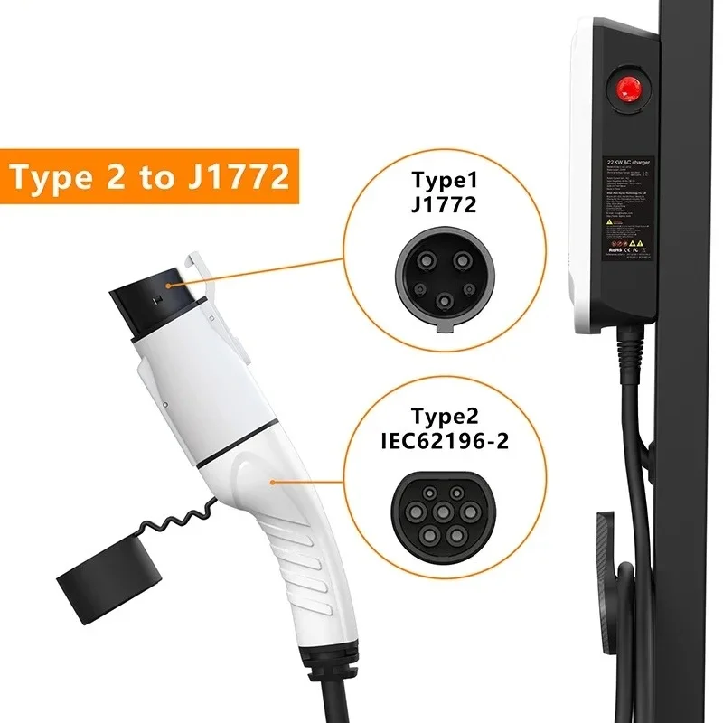 Type 2 to Type 1 EV Charger Adapter 32A 1 Phase Smart Electric Vehicle Charging Adapter 3.5KW 7KW Max For Electric Car UL94 V-0
