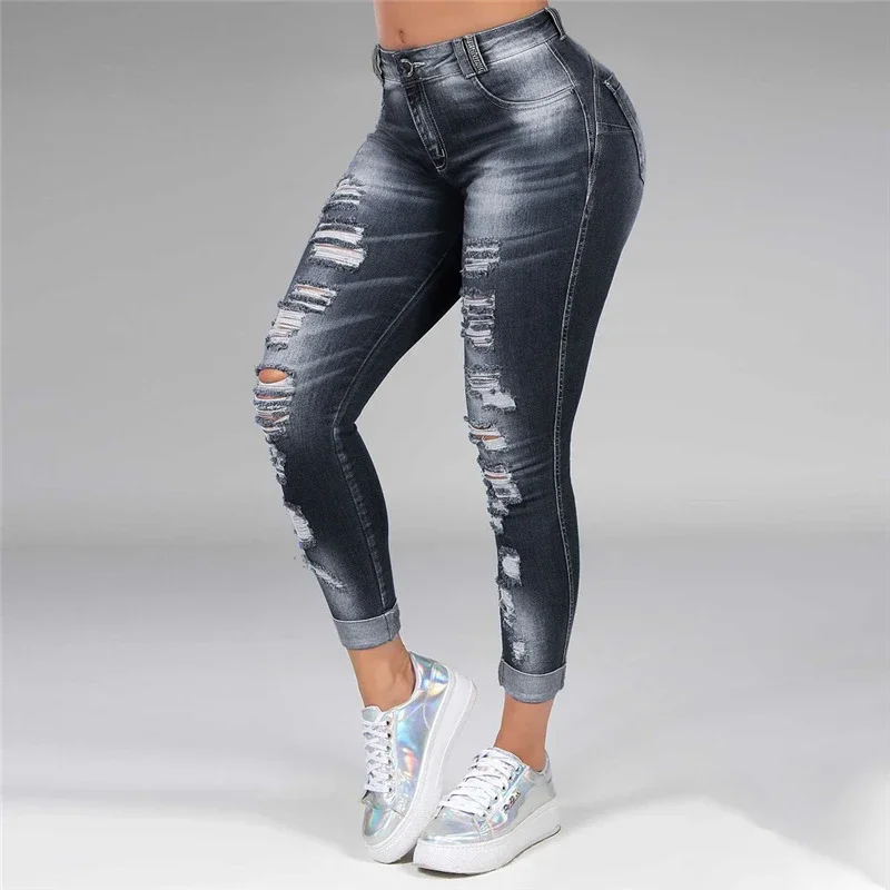 

Plus Size Washed Lapel Jeans Women's S-5XL High Waist Soild Color Skinny Pants Jeans Black Bleached Blue Hollow Pencil Pants