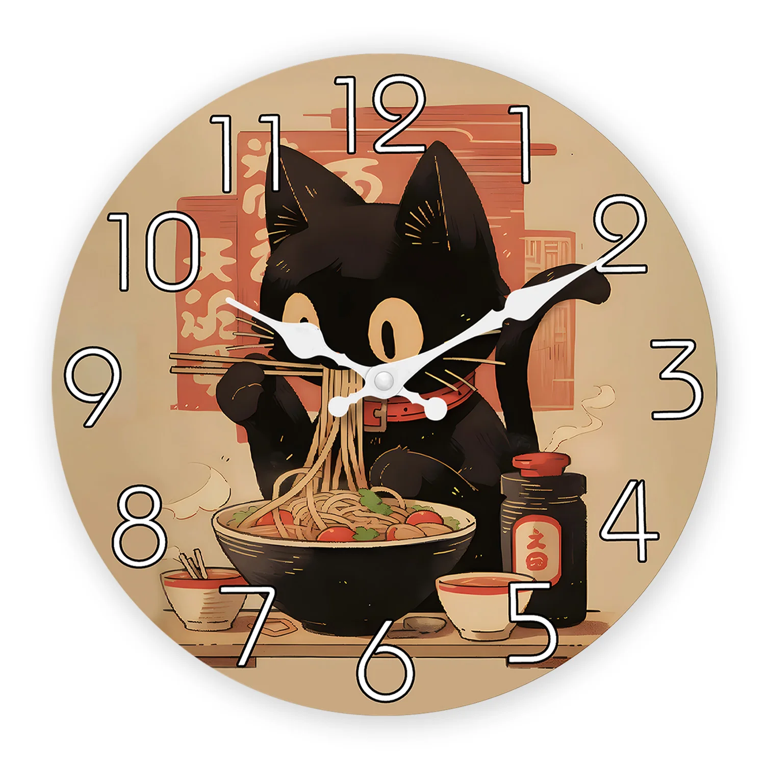 Retro Cute Black Cat Eating Ramen Wooden Wall Clock for Living Room, Bedroom, Kitchen, Home Decoration, Silent Quartz Clock, Holiday Gift, 10 inches, 12 inches, 14 inches 16inch (no battery)